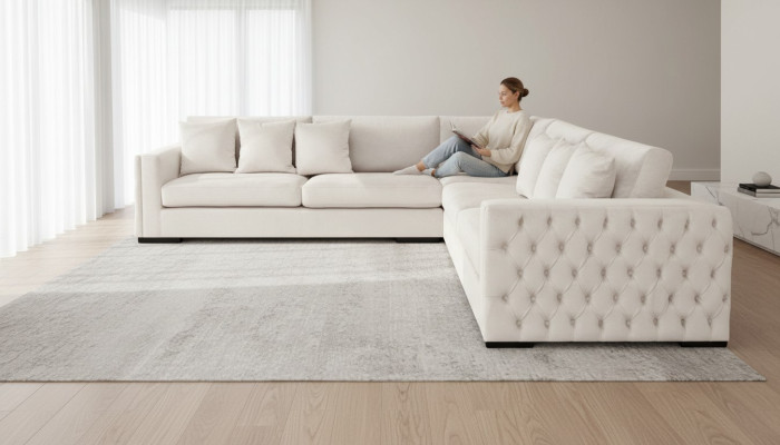 Divano angolare crema con rivestimento in velluto design divano angolare imbottito in stoffa.