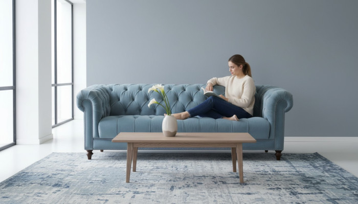 Divano Chesterfield design turchese, nuovo divano imbottito a tre posti in stile stoffa per soggiorno.