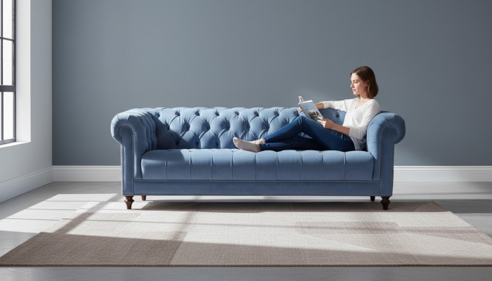 Azzurro chiaro divano a tre posti in stile Chesterfield in tessuto originale nuovo.