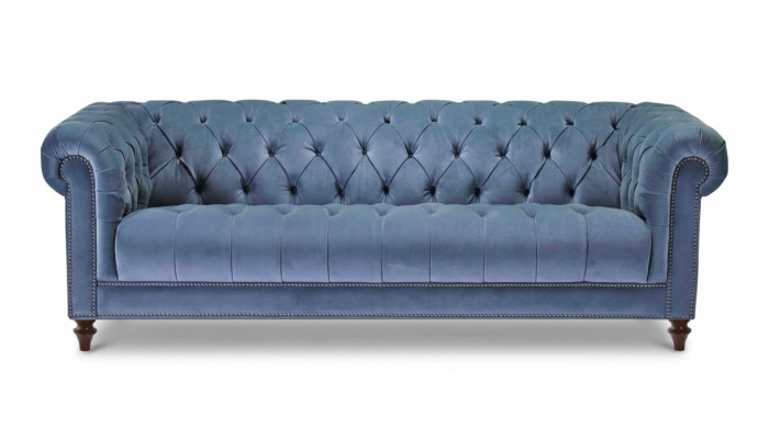 Azzurro chiaro divano a tre posti in stile Chesterfield in tessuto originale nuovo.