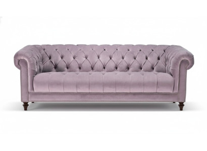 Divano Chesterfield in tessuto viola a tre posti, imbottitura originale in velluto.