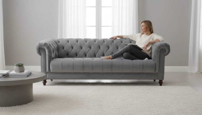 Tre posti in tessuto grigio design divani poltrone divani divani Chesterfield.