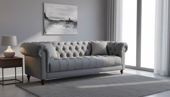 Tre posti in tessuto grigio design divani poltrone divani divani Chesterfield.