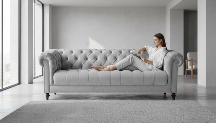 Grigio chiaro Chesterfield divano a tre posti nuovo in tessuto per il soggiorno.