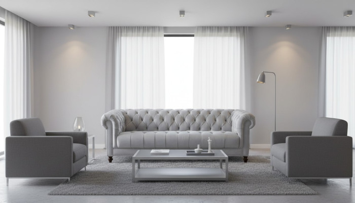 Grigio chiaro Chesterfield divano a tre posti nuovo in tessuto per il soggiorno.