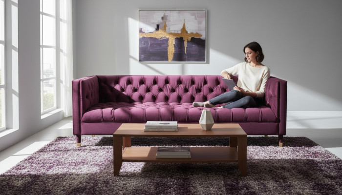 Burgund divano a tre posti in tessuto per il salotto, design Chesterfield, nuovo.