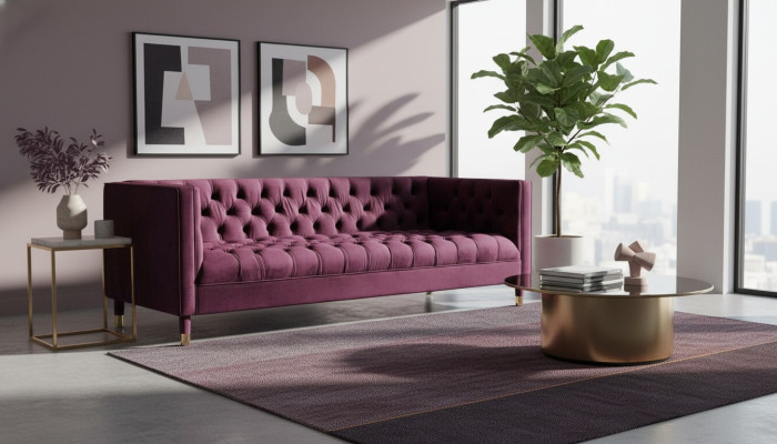 Burgund divano a tre posti in tessuto per il salotto, design Chesterfield, nuovo.