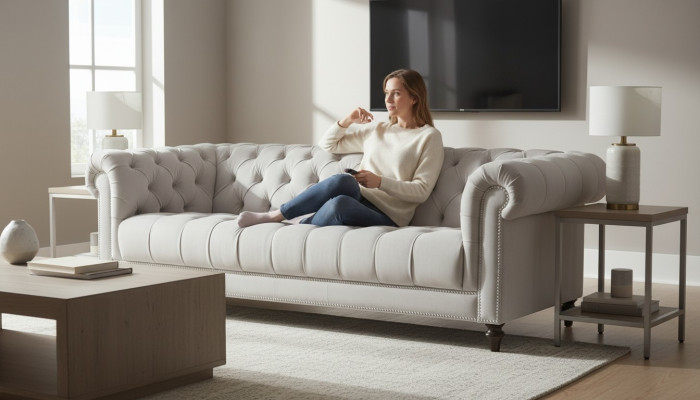 Argento divano a tre posti in tessuto design divani imbottiti divani Chesterfield originali nuovi