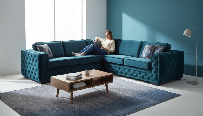 Divano a L a forma di angolo verde Chesterfield di design per arredamento salotto.