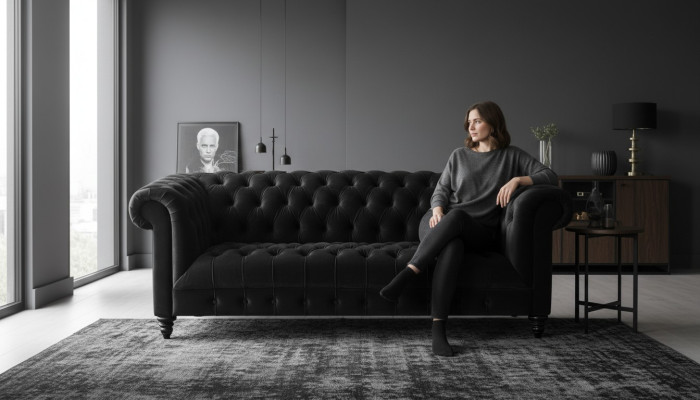 Divano in velluto nero Poltrona di lusso Chesterfield con bottoni a tre posti.
