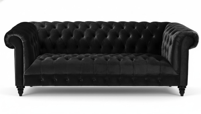 Divano in velluto nero Poltrona di lusso Chesterfield con bottoni a tre posti.