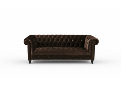 Divano in velluto marrone di lusso Chesterfield con bottoni, tre posti.