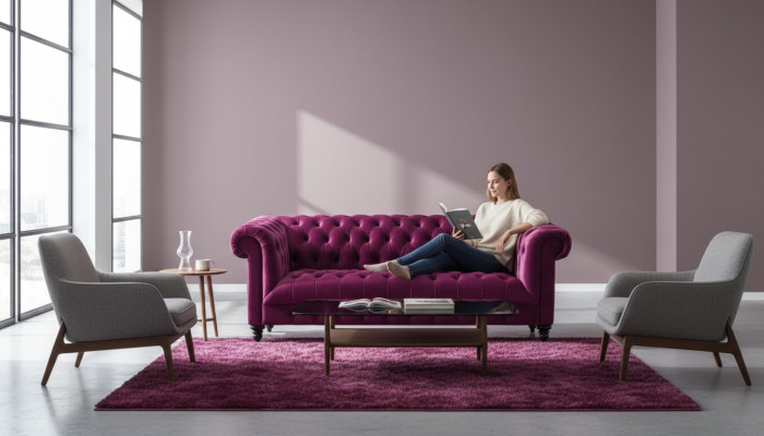 Divano Chesterfield in stile tessuto a tre posti rosa, originale e nuovo.