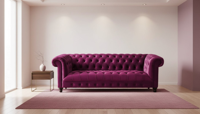 Divano Chesterfield in stile tessuto a tre posti rosa, originale e nuovo.