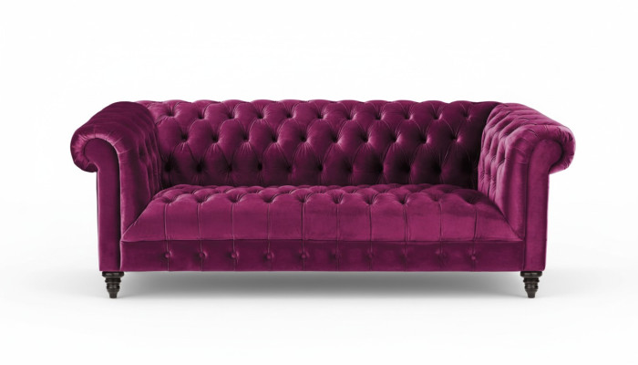 Divano Chesterfield in stile tessuto a tre posti rosa, originale e nuovo.
