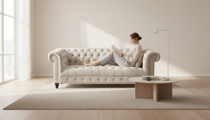 Chesterfield Beige Divano in velluto Poltrona di lusso Divano con bottoni a tre posti