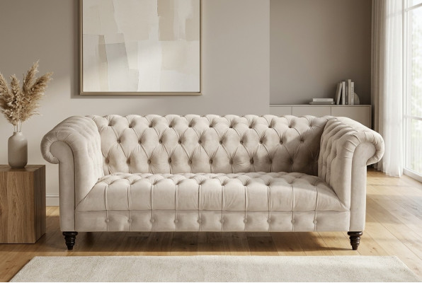 Chesterfield Beige Divano in velluto Poltrona di lusso Divano con bottoni a tre posti