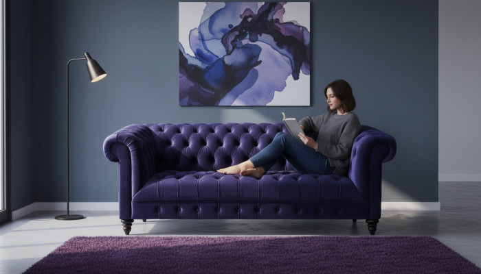 Chesterfield Divano in velluto lilla di lusso con bottoni a tre posti