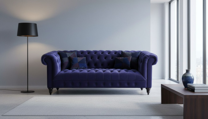Chesterfield Divano in velluto lilla di lusso con bottoni a tre posti