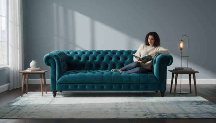 Chesterfield divano in velluto turchese di lusso con bottoni, divano a tre posti.