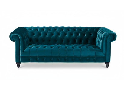 Chesterfield divano in velluto turchese di lusso con bottoni, divano a tre posti.