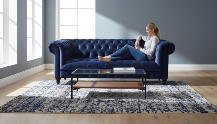 Blu navy divano Chesterfield in tessuto a tre posti 220 cm, nuovo.