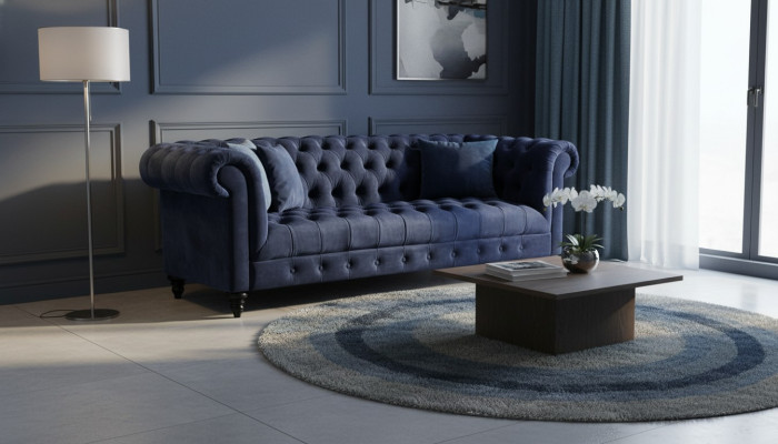 Blu navy divano Chesterfield in tessuto a tre posti 220 cm, nuovo.