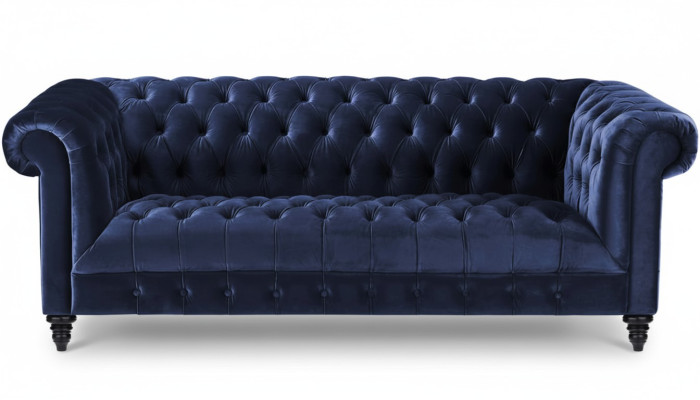 Blu navy divano Chesterfield in tessuto a tre posti 220 cm, nuovo.