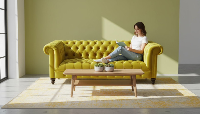 Giallo divano in stile moderno Chesterfield a tre posti in tessuto, originale e nuovo.