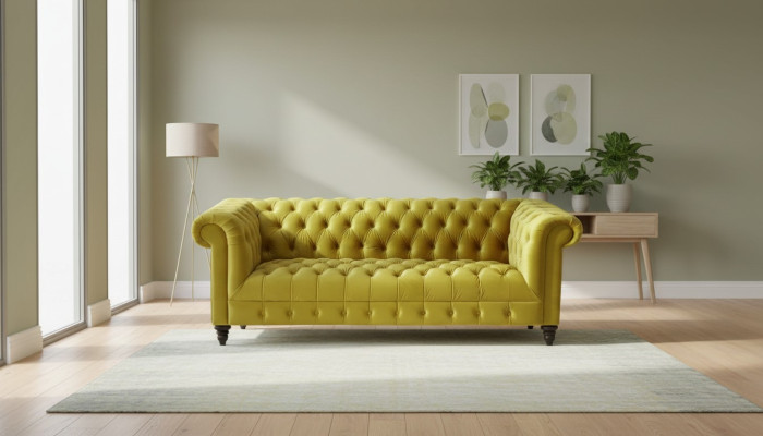Giallo divano in stile moderno Chesterfield a tre posti in tessuto, originale e nuovo.