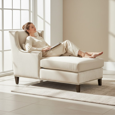 Chaise longue Sdraio Mobili Pouf Salone Design Divano In Tessuto Beige Letto