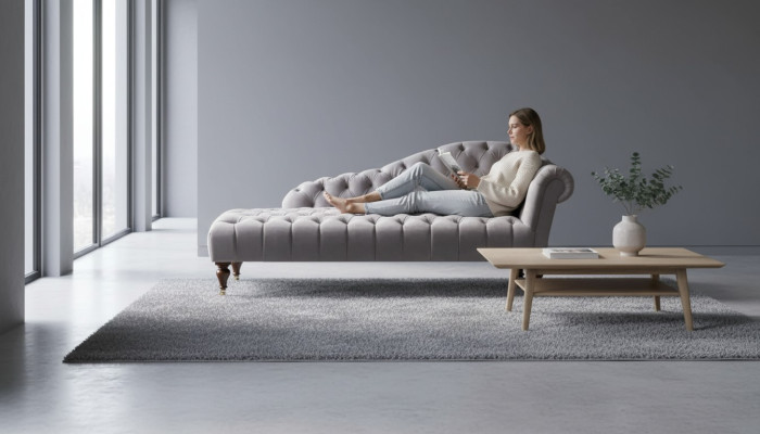Chaiselongue Mobili classici Beige Divano soggiorno Tessuto Chesterfield