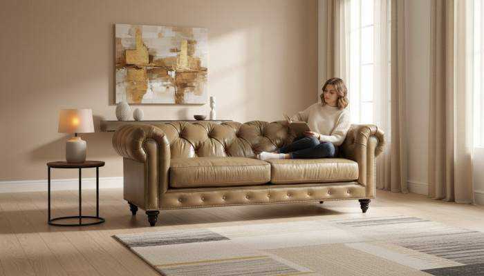 Marrone chiaro divano Chesterfield in pelle a tre posti design per soggiorno Chesterfield nuovo