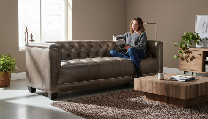 Marrone divano moderno in pelle Chesterfield a tre posti per il soggiorno.