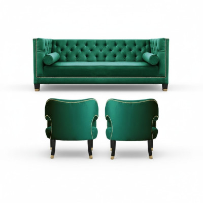 Chesterfield verde 2 poltrone in tessuto design moderno Mobili creativi Set divano in tessuto.