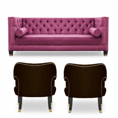 Rosa Chesterfield 2 Poltrona Nero Tessuto Design Moderno Mobili di Lusso Set Divano Nuovo