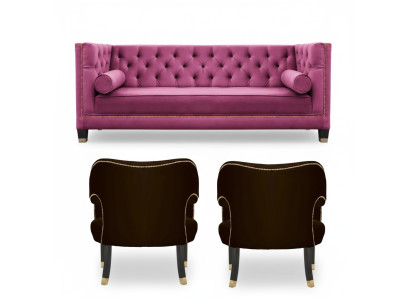 Rosa Chesterfield 2 Poltrona Nero Tessuto Design Moderno Mobili di Lusso Set Divano Nuovo