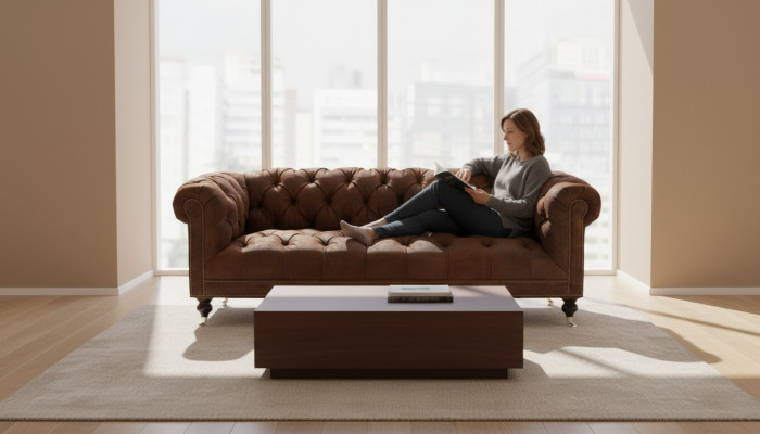 Braun Tre posti Chesterfield Moderno Design Divano in pelle Design Mobili Velluto Tessuto