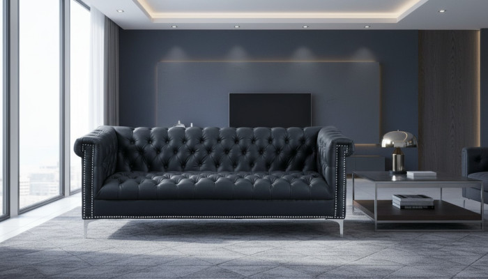 Divano Chesterfield moderno a tre posti nero in pelle design.