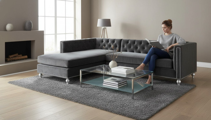 Divano angolare Salotto Divano angolare Imbottito Tessuto Velluto Mobili Design Grigio