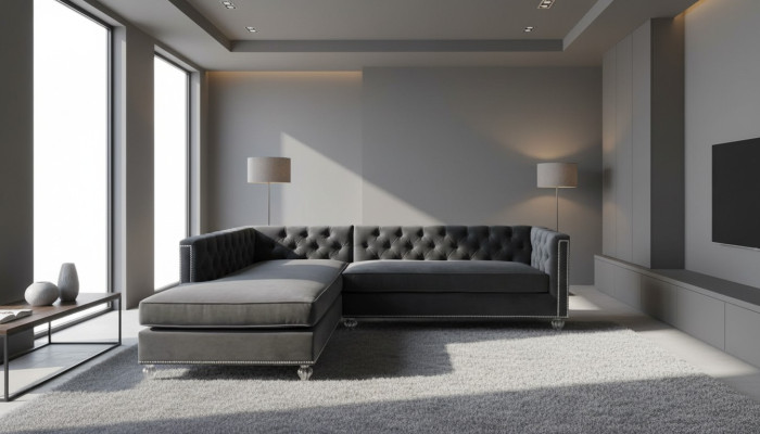Divano angolare Salotto Divano angolare Imbottito Tessuto Velluto Mobili Design Grigio