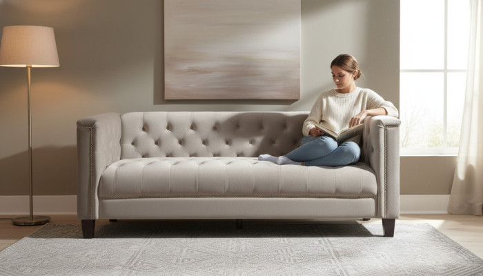 Grigio chiaro divano Chesterfield in tessuto a tre posti per il soggiorno dal design moderno.