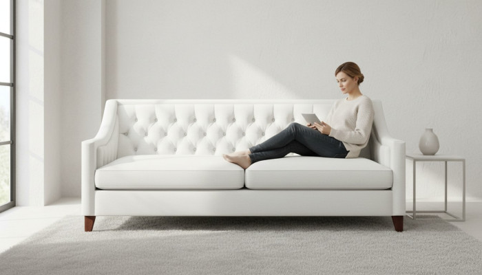 Bianco divano Chesterfield moderno a tre posti in tessuto design, nuovo e originale.