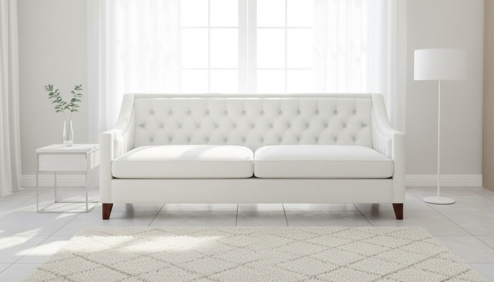 Bianco divano Chesterfield moderno a tre posti in tessuto design, nuovo e originale.