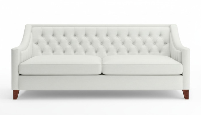 Bianco divano Chesterfield moderno a tre posti in tessuto design, nuovo e originale.