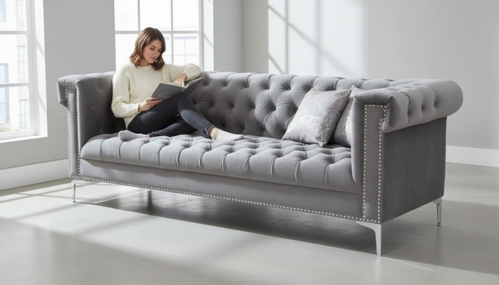 Grigio Chesterfield divano a tre posti in tessuto design soggiorno divani imbottiti divani nuovi