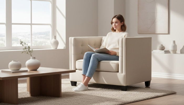 Poltrona moderna Chesterfield in tessuto color crema, creativi mobili da loft, nuovi per il soggiorno.