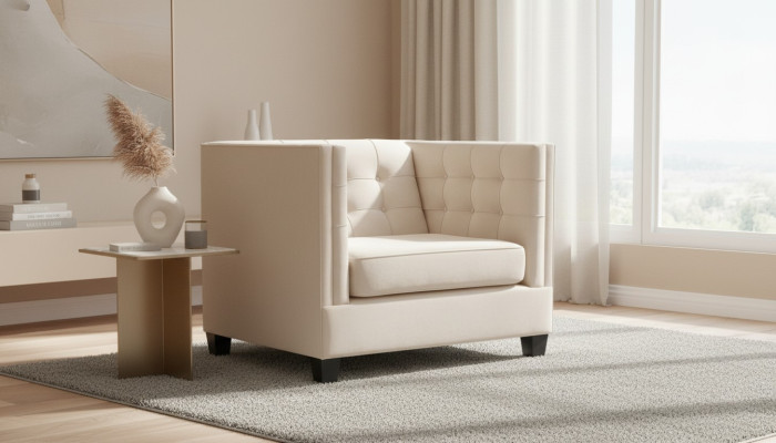 Poltrona moderna Chesterfield in tessuto color crema, creativi mobili da loft, nuovi per il soggiorno.