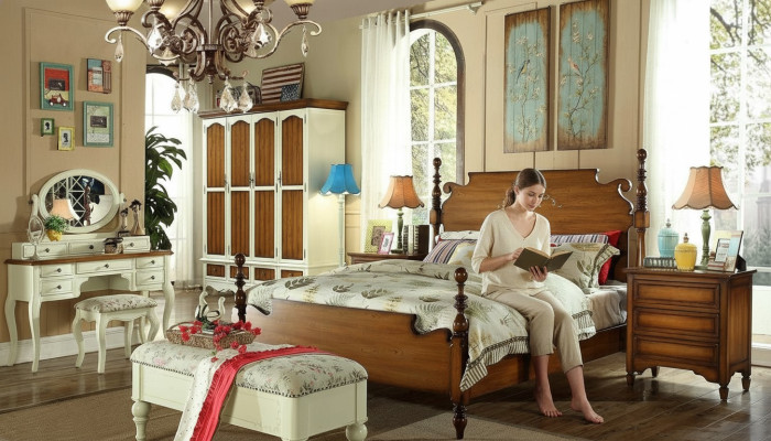 Letto matrimoniale di design in legno americano, lussuoso hotel, letto nuovo.