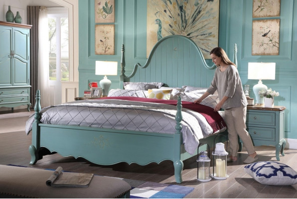 Camera da letto in stile rustico Blu Letto Legno Mobili classici Letti 180x200cm Set Nuovo